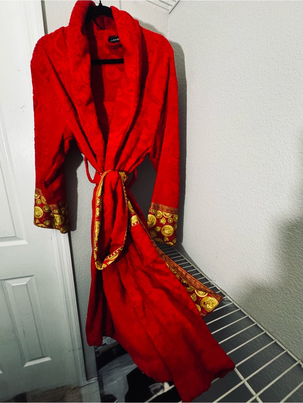 Versace Red and Gold Velvet Robe with Medusa Trim